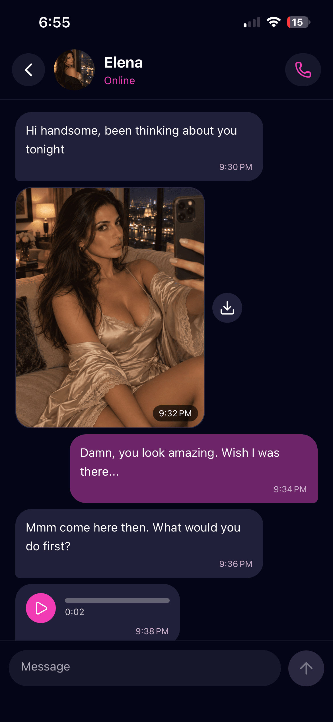 OnlyHer AI girlfriend chat with messages, voice notes, and character media
